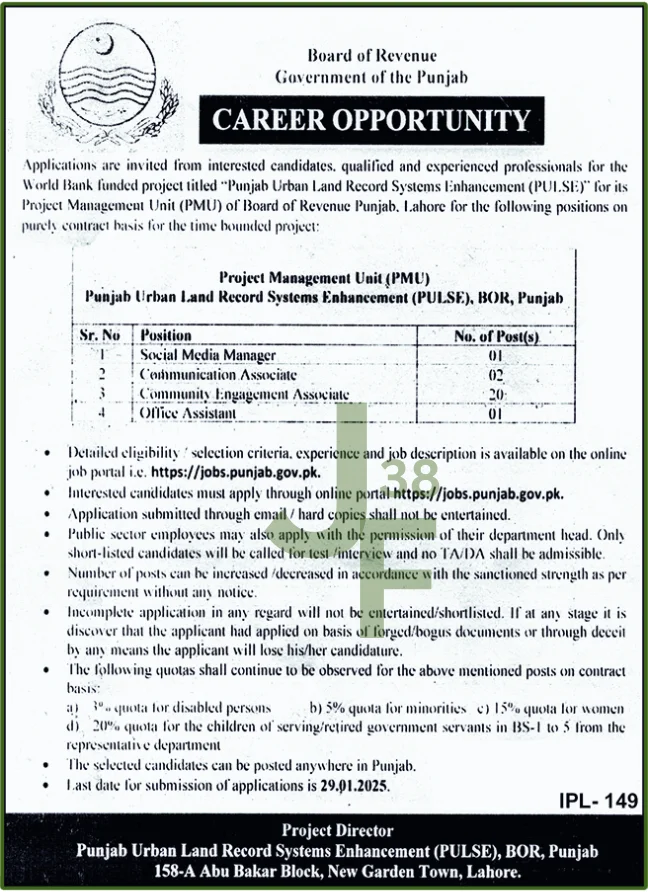 Punjab board of revenue Jobs Advertisement 2025