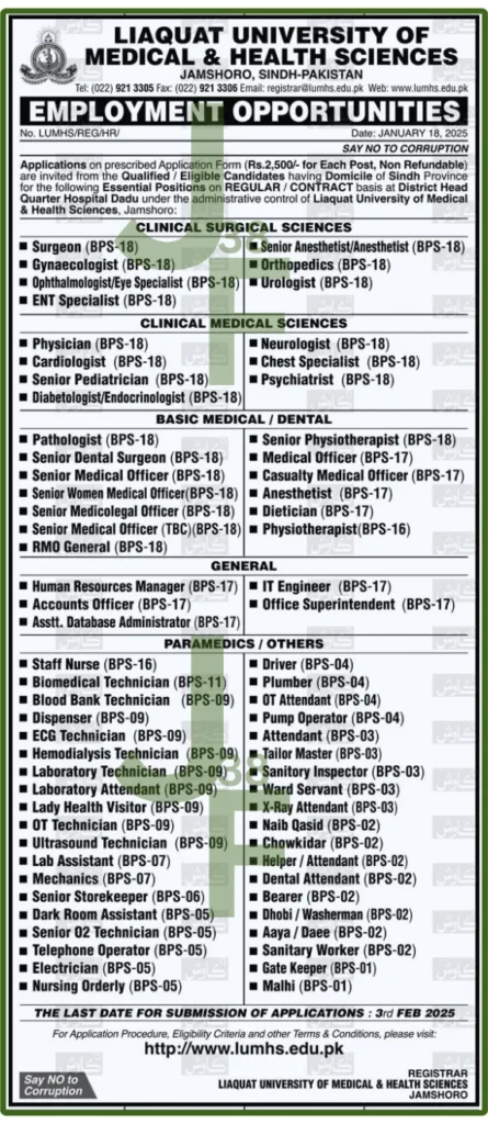 Advertisement for LUMHS Jobs 2025