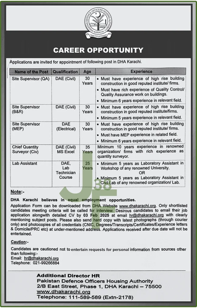 Advertisement for DHA Karachi Jobs 2025