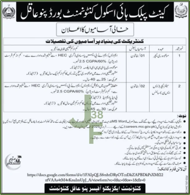 Advertisement for Cantt Public High School Jobs 2025