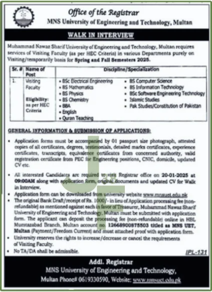 MNS University of Engineering Jobs Advertisement 2025
