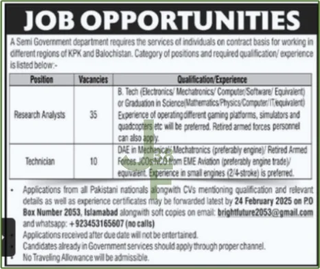 Advertisement for Semi Government Department Jobs 2025