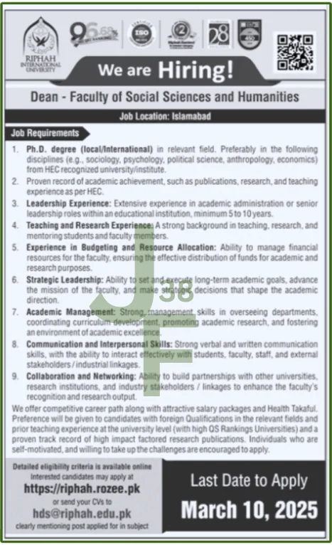 Riphah International University Jobs 2025 Advertisement