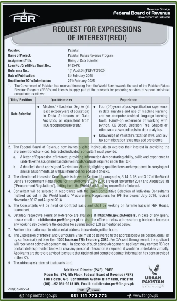 Advertisement for FBR Jobs 2025