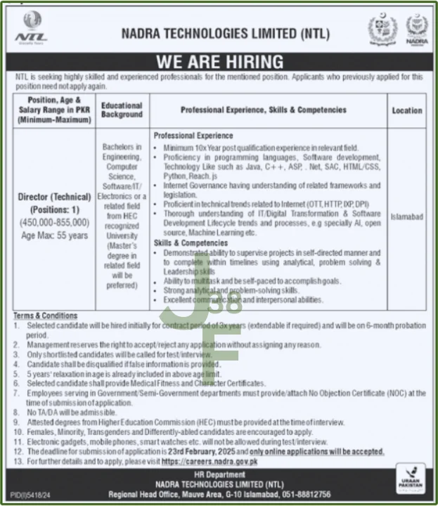 Advertisement for NTL Jobs 2025