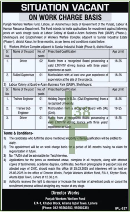 Punjab Workers Welfare Fund Lahore Jobs 2025 Advertisement
