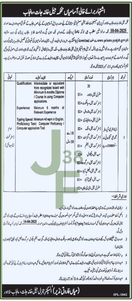 Advertisement for Prison Department Jobs 2025