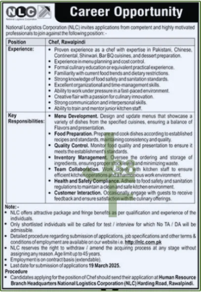 National Logistics Cell NLC Jobs 2025 Advertisement