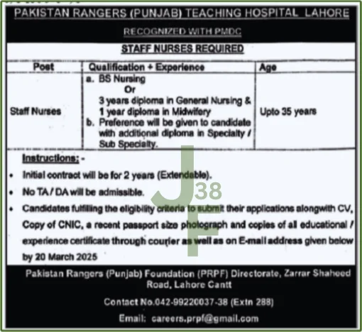 Advertisement for Pakistan Rangers Cantt Jobs 2025