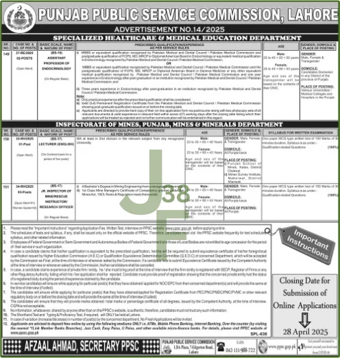 Advertisement for PPSC Jobs 2025